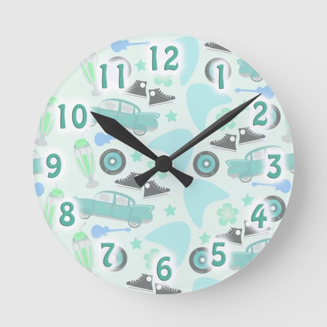 Rockin Fifties Pattern Nostalgia Fun Design Round Clock (Front)