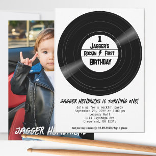 Rockin First Birthday Photo Vinyl Record B&W Invitation