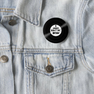 Rockin First Birthday Vinyl Record Black and White Button
