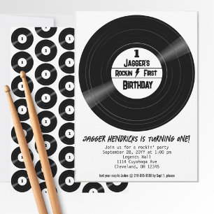 Rockin First Birthday Vinyl Record Black and White Invitation
