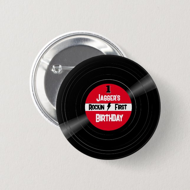 Rockin First Birthday Vinyl Record Red Button (Front & Back)