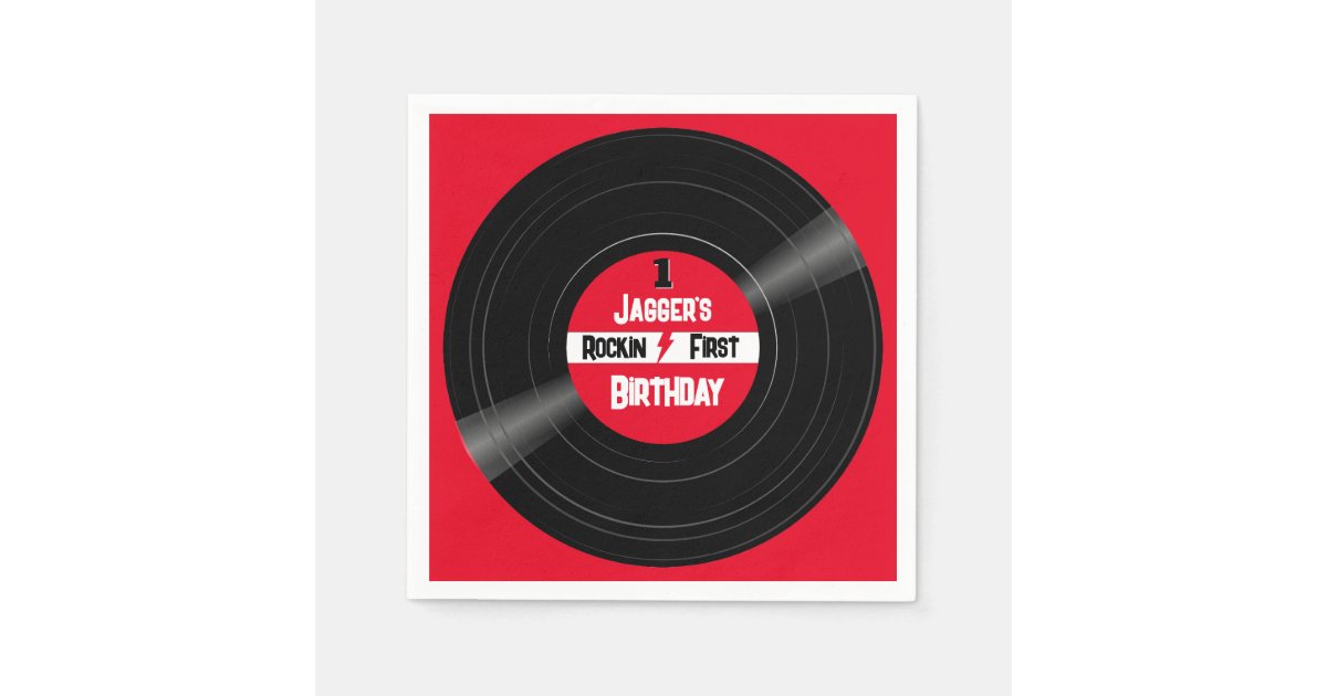 Rockin First Birthday Vinyl Record Red Label Napkins | Zazzle