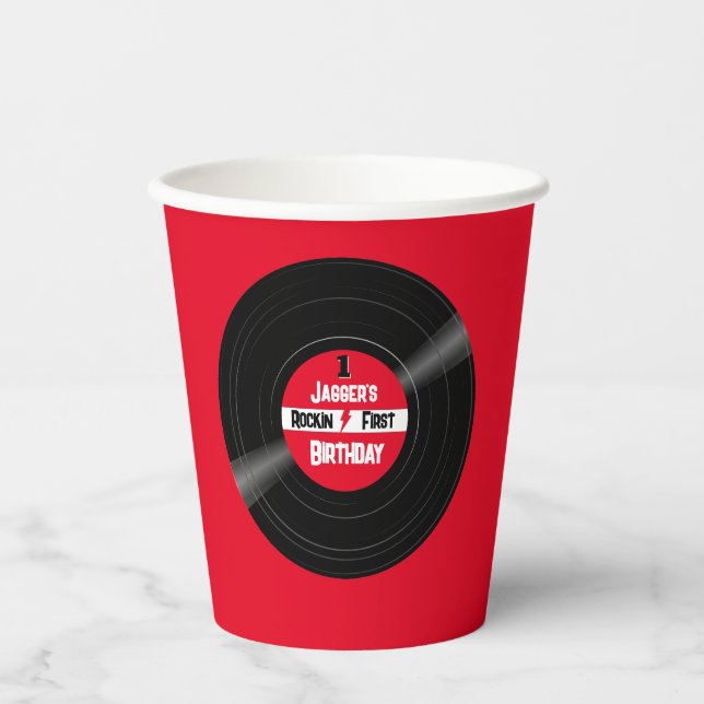 Rockin First Birthday Vinyl Record Red Label Paper Cups (Front)
