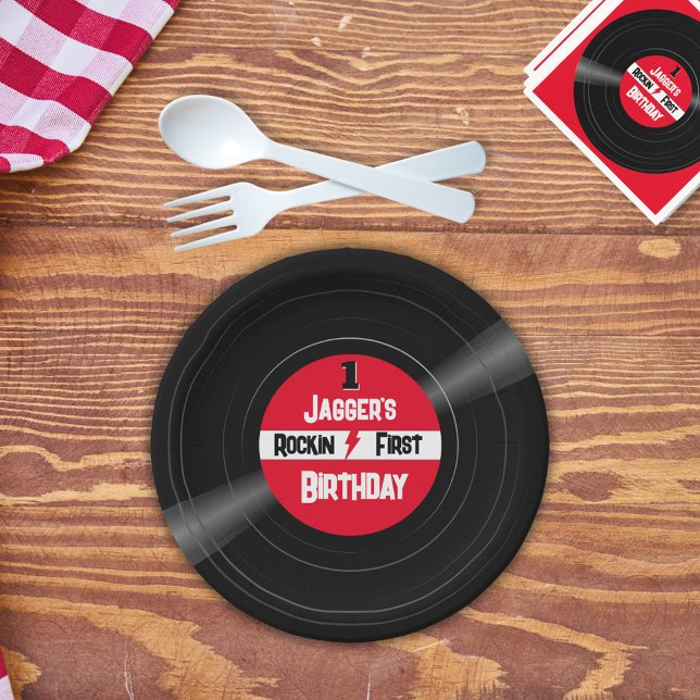 Rockin First Birthday Vinyl Record Red Label Paper Plates (Personalized vinyl record style paper plates for a rockin' first birthday)