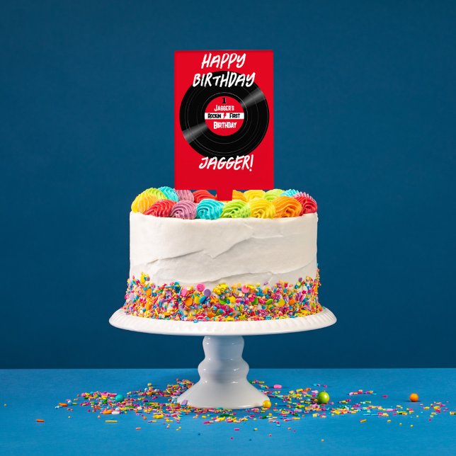Rockin Happy Birthday Custom Vinyl Record Red  Cake Topper (Personalized Vinyl Record Cake Pick for a Rockin Retro Happy Birthday Cake)