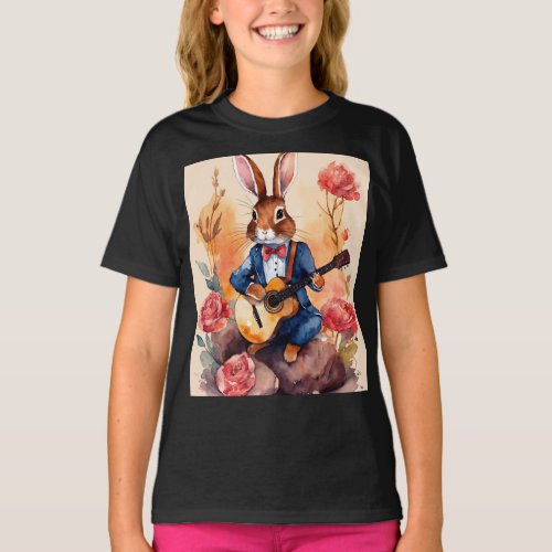 Rockin Rabbit Serenade Musical Vibes Watercolor T_Shirt
