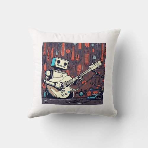 Rockin Robots Guitarist Robot Print Throw Pillow