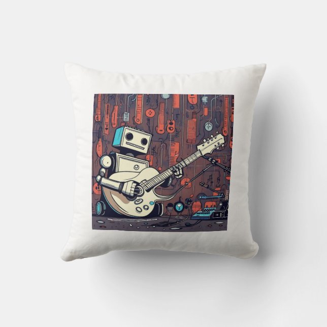 Rockin' Robots: Guitarist Robot Print Throw Pillow (Back)