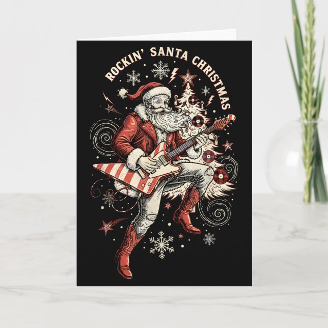Rockin Santa Playing Guitar Funny Christmas Retro  Card (Front)