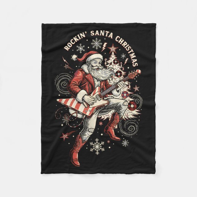 Rockin Santa Playing Guitar Funny Christmas Retro  Fleece Blanket (Front)