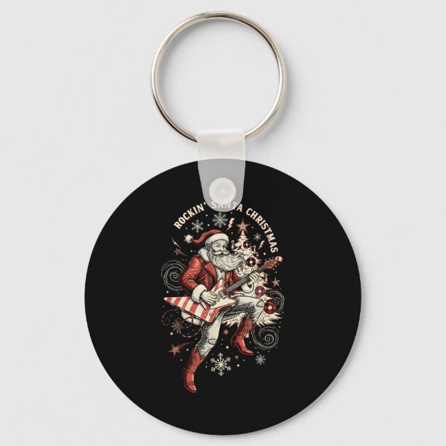 Rockin Santa Playing Guitar Funny Christmas Retro  Keychain (Front)