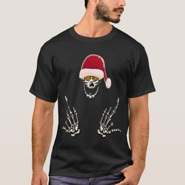 Rockin’ Santa Skull with Skeleton Hands  T-Shirt (Front)