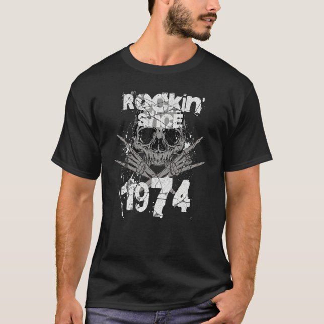Rockin Since 1974 Grunge Skull Rock Hands Birthday T-Shirt (Front)