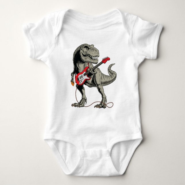 Rockin' T-Rex: Dinosaur Playing Electric Guitar Baby Bodysuit (Front)