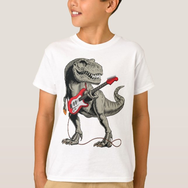 Rockin' T-Rex: Dinosaur Playing Electric Guitar T-Shirt (Front)