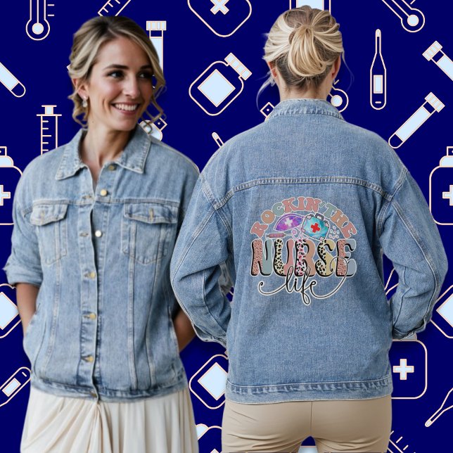 Rockin' The Nurse Life Retro Groovy Denim Jacket (Rockin' The Nurse Life Trendy Vintage Retro Leopard Print Groovy Font Denim Jacket)