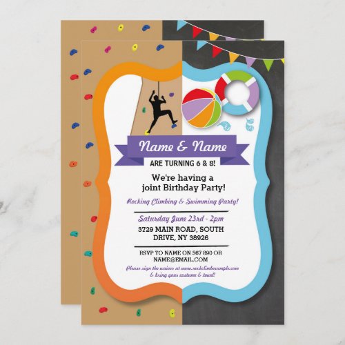 Rocking Climbing  Swimming Boy Girl Birthday Invitation