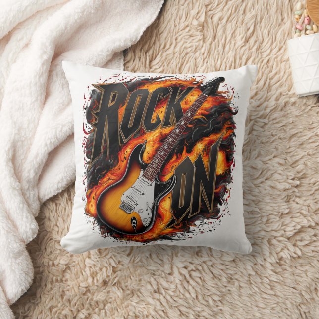 Rocking guitar amidst fiery flames at a concert throw pillow (Blanket)
