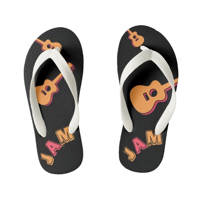Rocking Guitar, Music Jam Style, Orange & Red Art Kid's Flip Flops (Footbed)