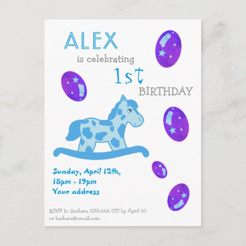 Rocking Horse 1st Birthday Party Card - A personalizable birthday invitation perfect for your kid`s 1st birthday party celebration! This invitation has a cute blue rocking horse that kids love and balloons for a real party. Blue ballons and the horse make this great as a party invite for a boy or a girl birthday and her friends.
Great for 1st and 2nd birthday.