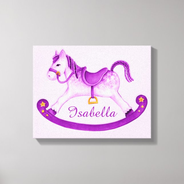 Rocking horse add your name purple nursery art canvas print (Front)