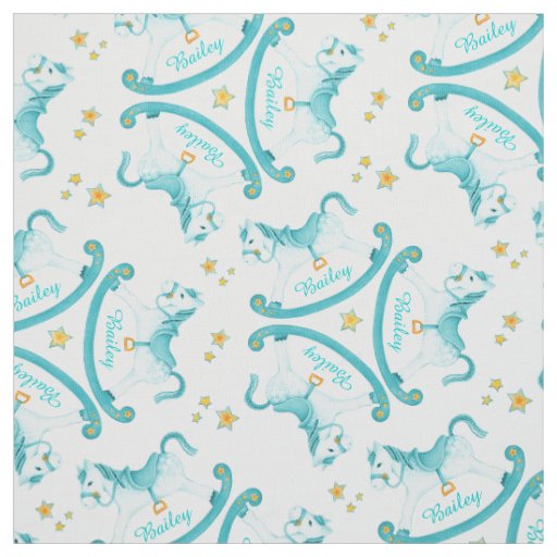 Rocking horse aqua yellow kids name nursery fabric