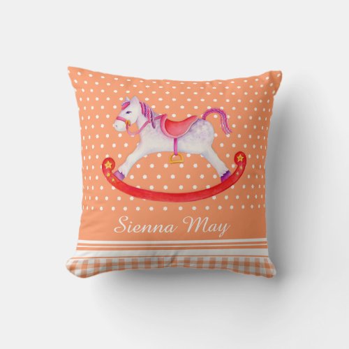 Rocking horse art orange peach name kids pillow