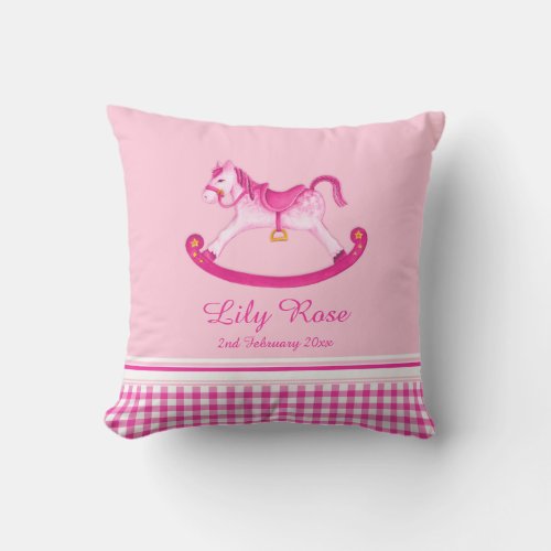 Rocking horse art pink name baby birth pillow