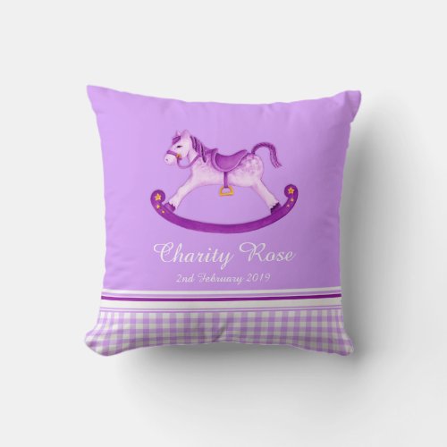 Rocking horse art purple name baby birth pillow