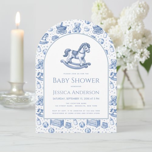 Rocking Horse Baby Boy Shower Blue and White Arch Invitation