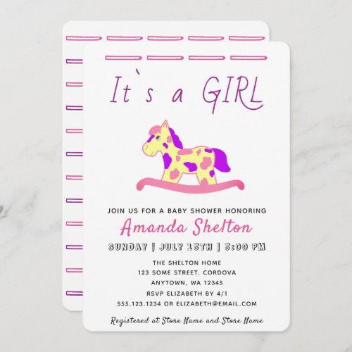 Rocking Horse Baby Girl Shower Invitation - Cute rocking horse themed personalizable baby shower invitation card. Modern baby girl shower invitation with a text It`s a girl for your family and friends. 
The design has a cute rocking horse for a girl. 
The background is white but you can change it by customizing the invite.