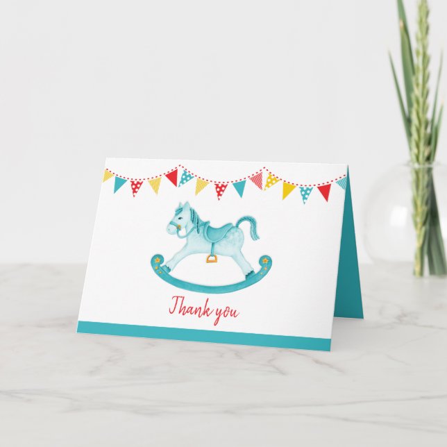 Rocking horse baby shower aqua thank you card (Front)
