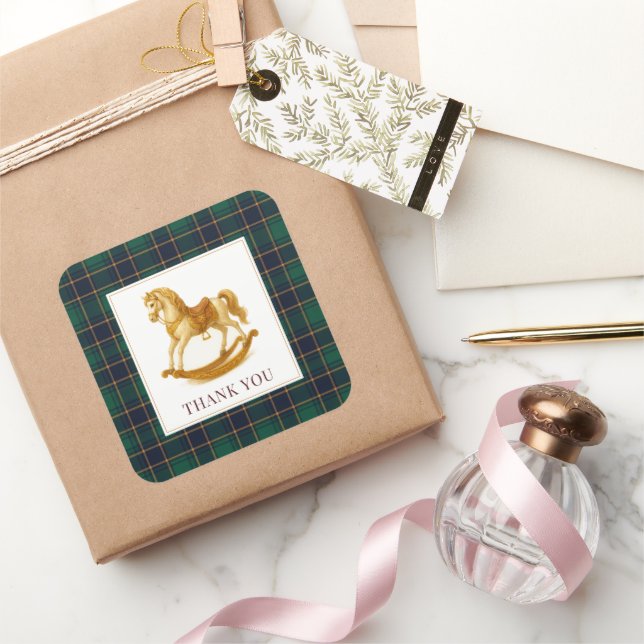 Rocking Horse Baby Shower Elegant Tartan Plaid Square Sticker (Gifting)