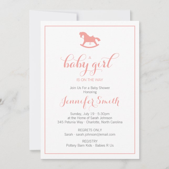 Rocking Horse Baby Shower Invitation Coral (Front)