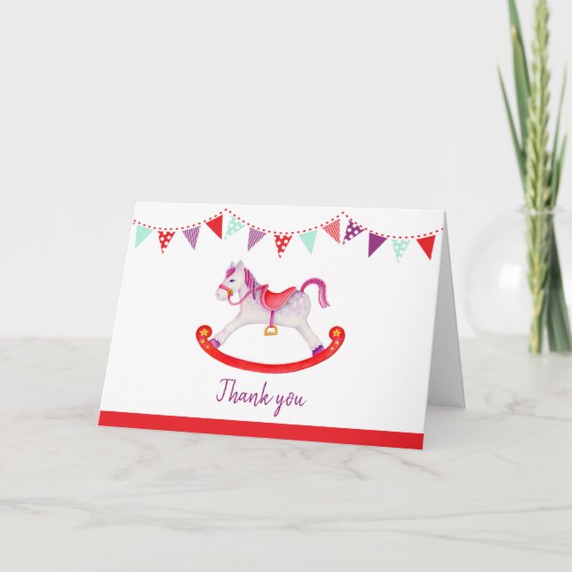 Rocking horse baby shower red purple thank you card (Front)
