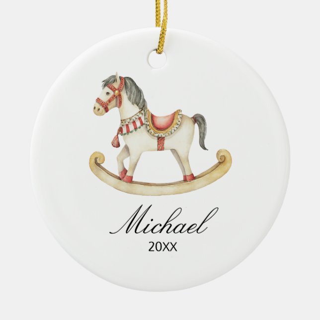 Rocking Horse Baby's First Christmas Holiday Ceramic Ornament (Front)