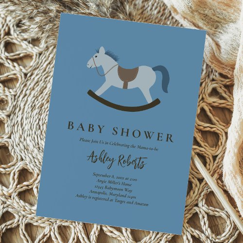 Rocking Horse Blue Baby Shower Invitation