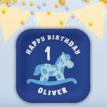 Rocking Horse Blue Boy Birthday Party  Paper Plates<br><div class="desc">Cute Rocking Horse Blue Boy Birthday Party Paper Plates. Cute blue rocking horse with spots. Personalize it with your name and age. This plate is perfect for a boy`s birthday party</div>
