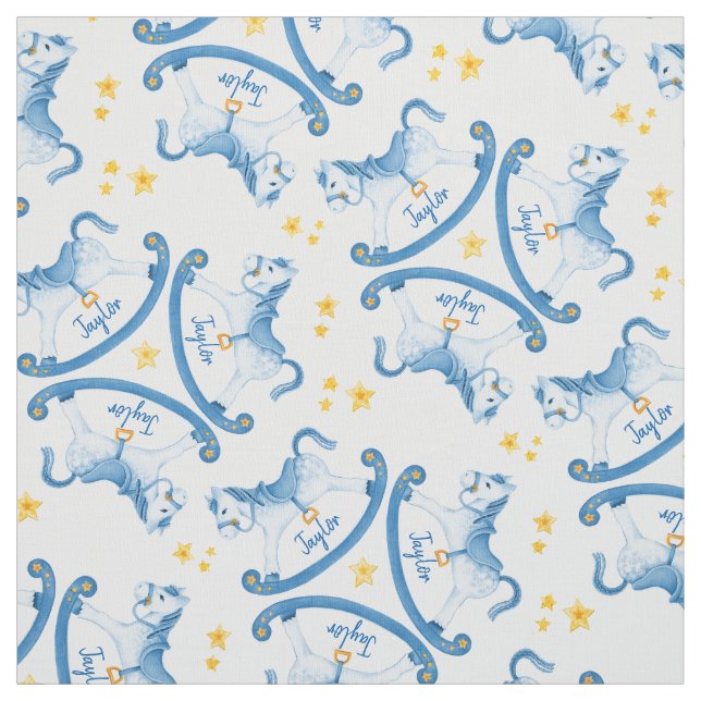 Rocking horse blue boys name nursery fabric (Swatch)