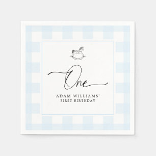 Rocking Horse Blue Gingham 1st Birthday Napkins