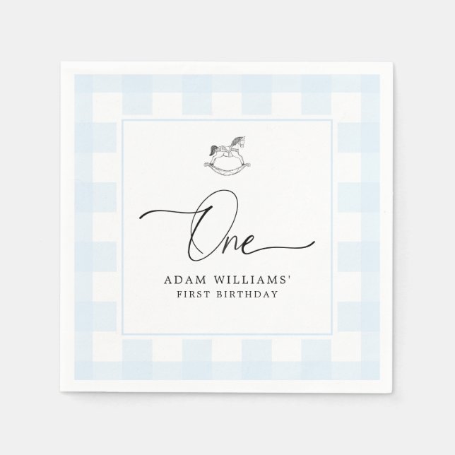 Rocking Horse Blue Gingham 1st Birthday Napkins (Front)