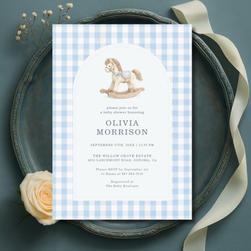 Rocking Horse Blue Gingham Baby Shower Invitation