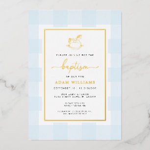 Rocking Horse Blue Gingham Baptism Foil Invitation