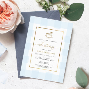 Rocking Horse Blue Gingham Christening Foil Invite