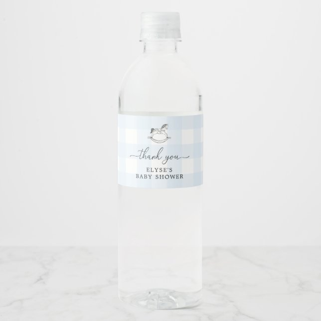 Rocking Horse Blue Gingham Favor Water Bottle Label (Front)