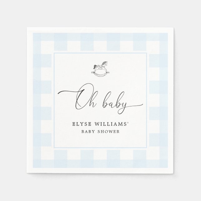 Rocking Horse Blue Gingham Oh Baby Paper Napkin (Front)
