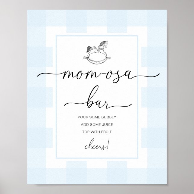Rocking Horse Blue Gingham Shower Mom-osa Bar Sign (Front)
