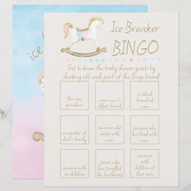 Rocking Horse Blue Pink Baby Shower Bingo (Front/Back)