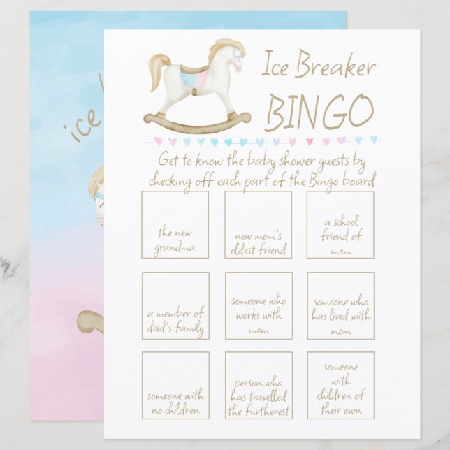 Rocking Horse Blue Pink Baby Shower Bingo (Front/Back)