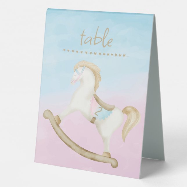 Rocking Horse Blue Pink Gender Baby Table Tent (Back)